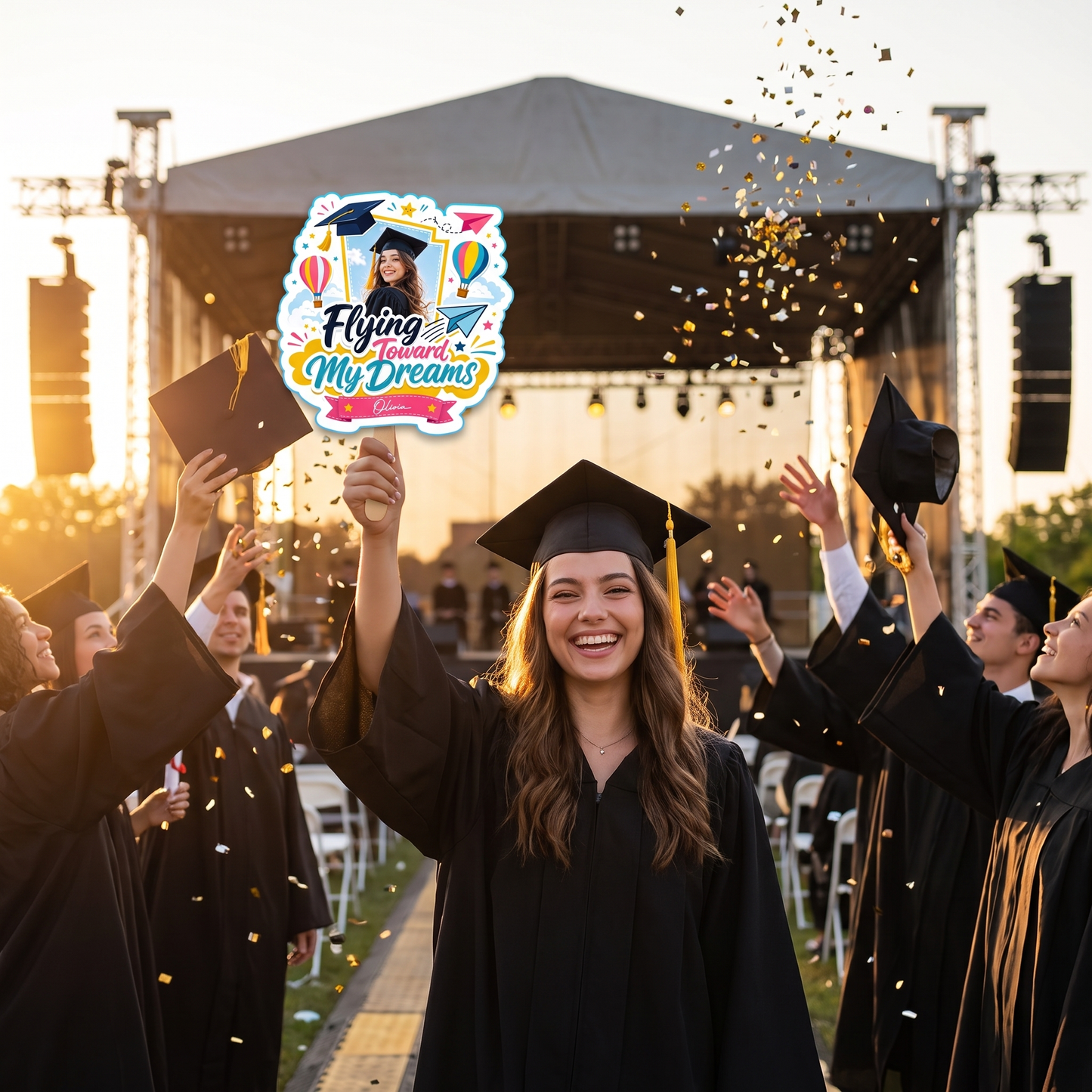 Personalized Flying Toward My Dreams Custom Shape Photo Hand Fan, Graduation Fan with Photo & Name