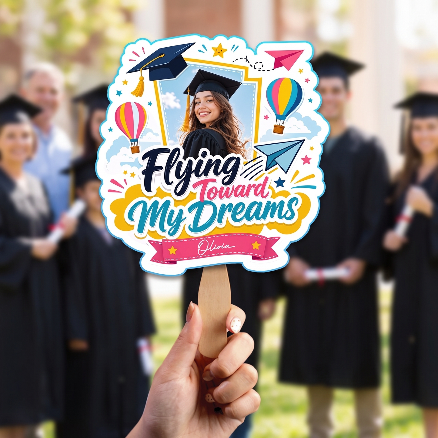 Personalized Flying Toward My Dreams Custom Shape Photo Hand Fan, Graduation Fan with Photo & Name