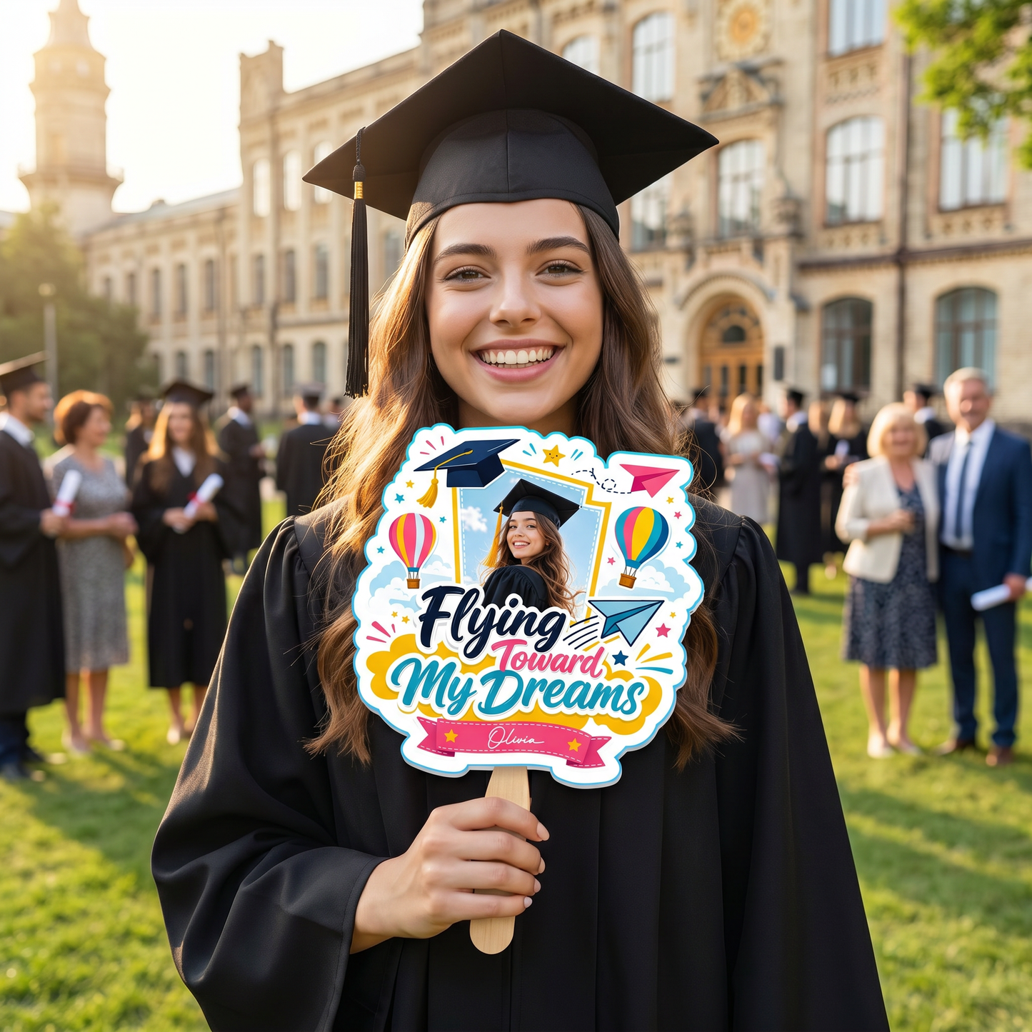 Personalized Flying Toward My Dreams Custom Shape Photo Hand Fan, Graduation Fan with Photo & Name
