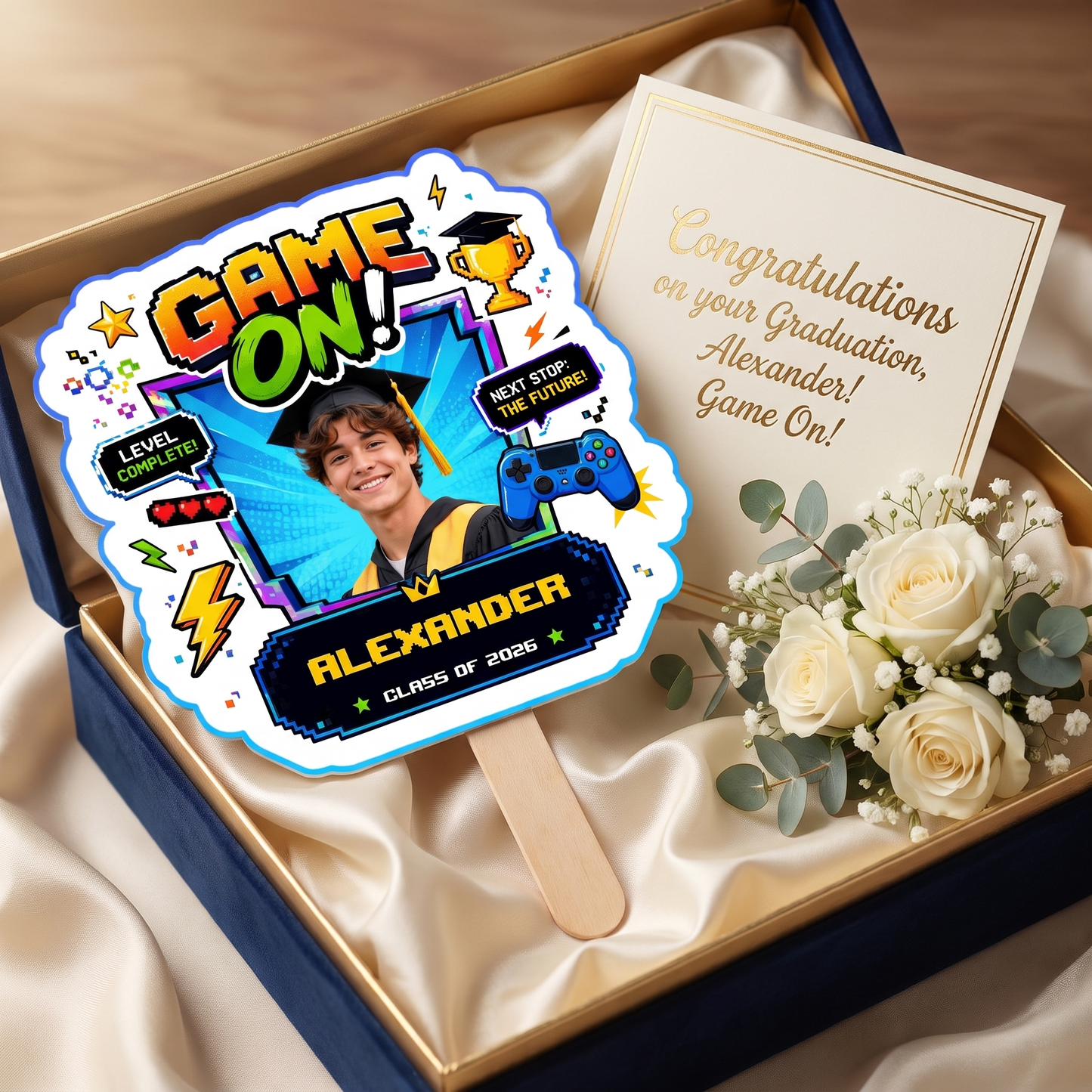 Personalized Game On Custom Shape Photo Hand Fan, Graduation Fan with Photo & Name