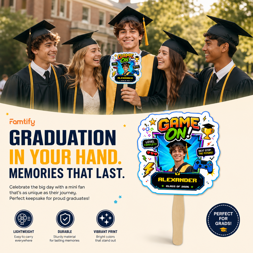 Personalized Game On Custom Shape Photo Hand Fan, Graduation Fan with Photo & Name