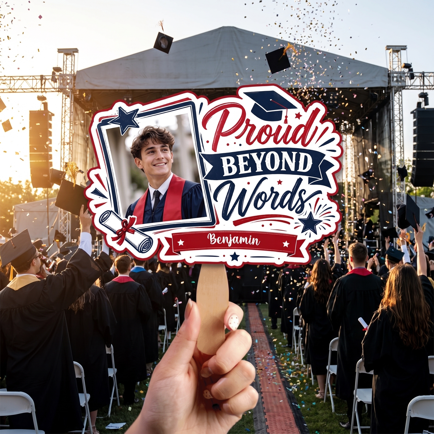 Personalized Proud Beyond Words Custom Shape Photo Hand Fan, Graduation Fan with Photo & Name