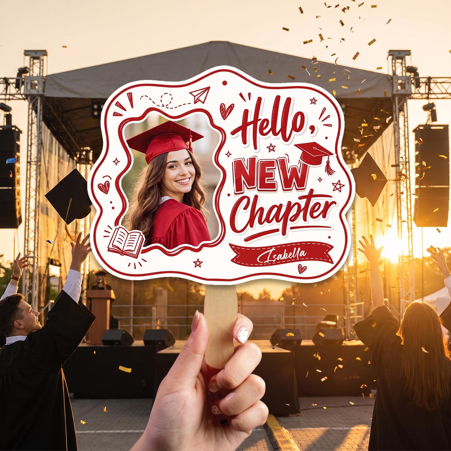 Personalized Hello New Chapter Custom Shape Photo Hand Fan, Graduation Fan with Photo & Name
