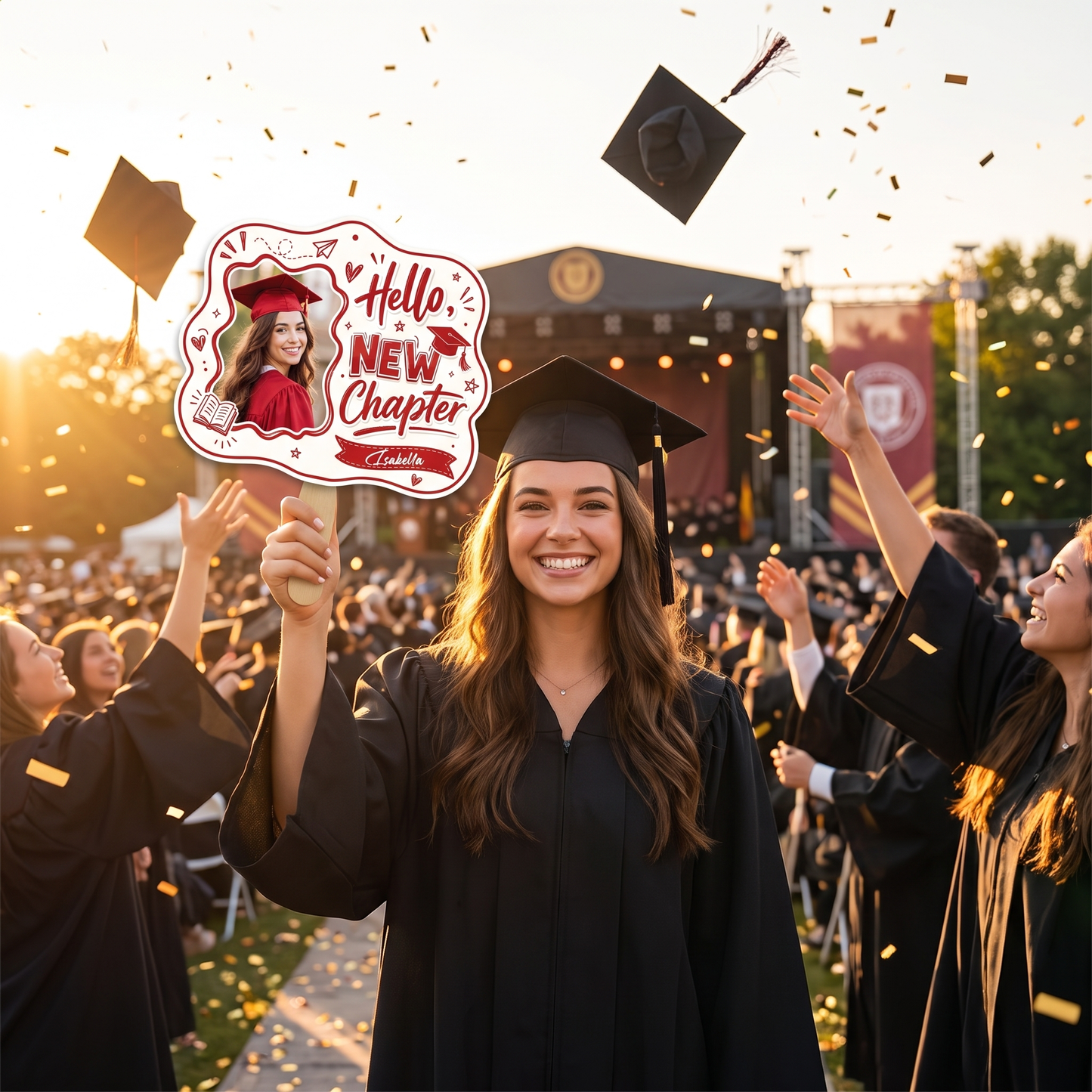 Personalized Hello New Chapter Custom Shape Photo Hand Fan, Graduation Fan with Photo & Name