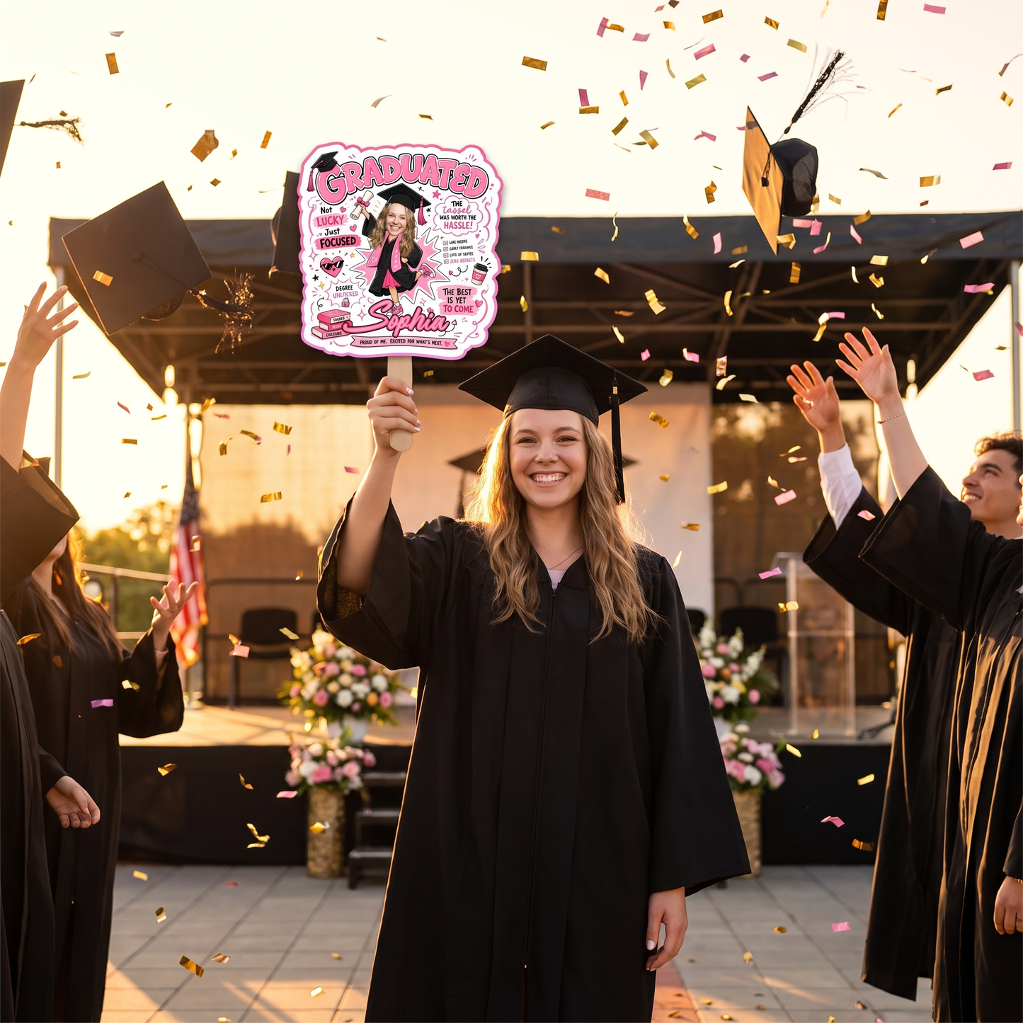 Personalized Graduated Not Lucky Just Focused Custom Shape Photo Hand Fan, Graduation Fan with Photo & Name