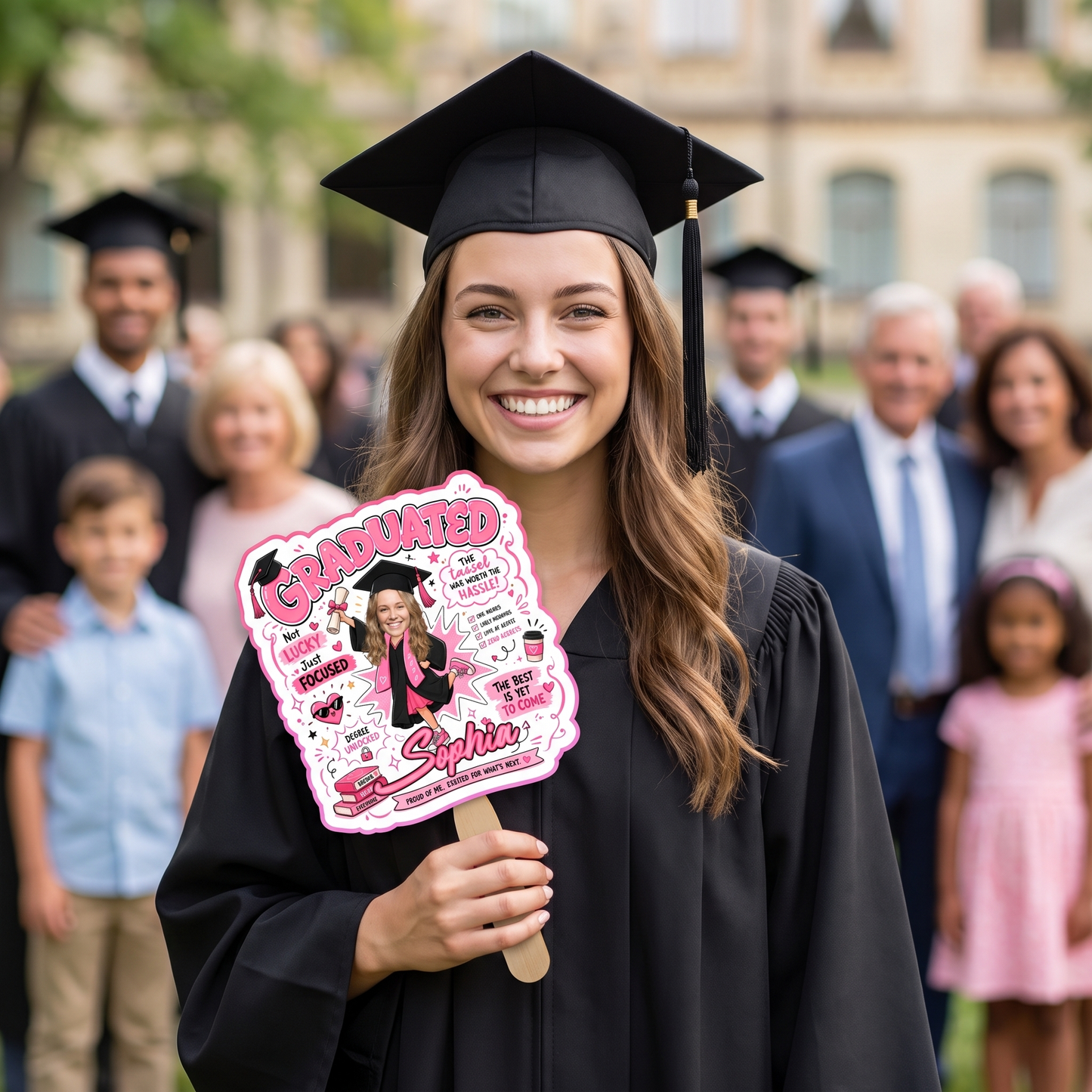 Personalized Graduated Not Lucky Just Focused Custom Shape Photo Hand Fan, Graduation Fan with Photo & Name