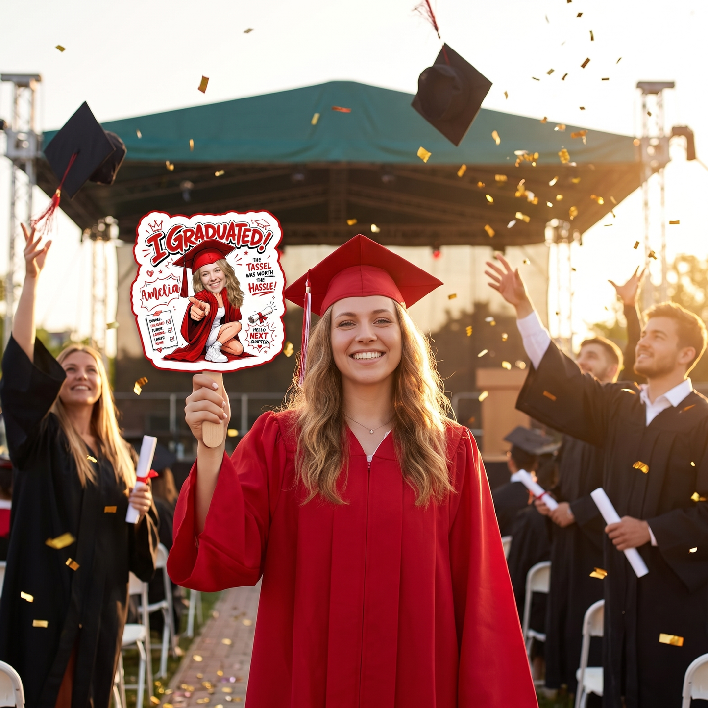 Personalized I Graduated Custom Shape Photo Hand Fan, Graduation Fan with Photo & Name