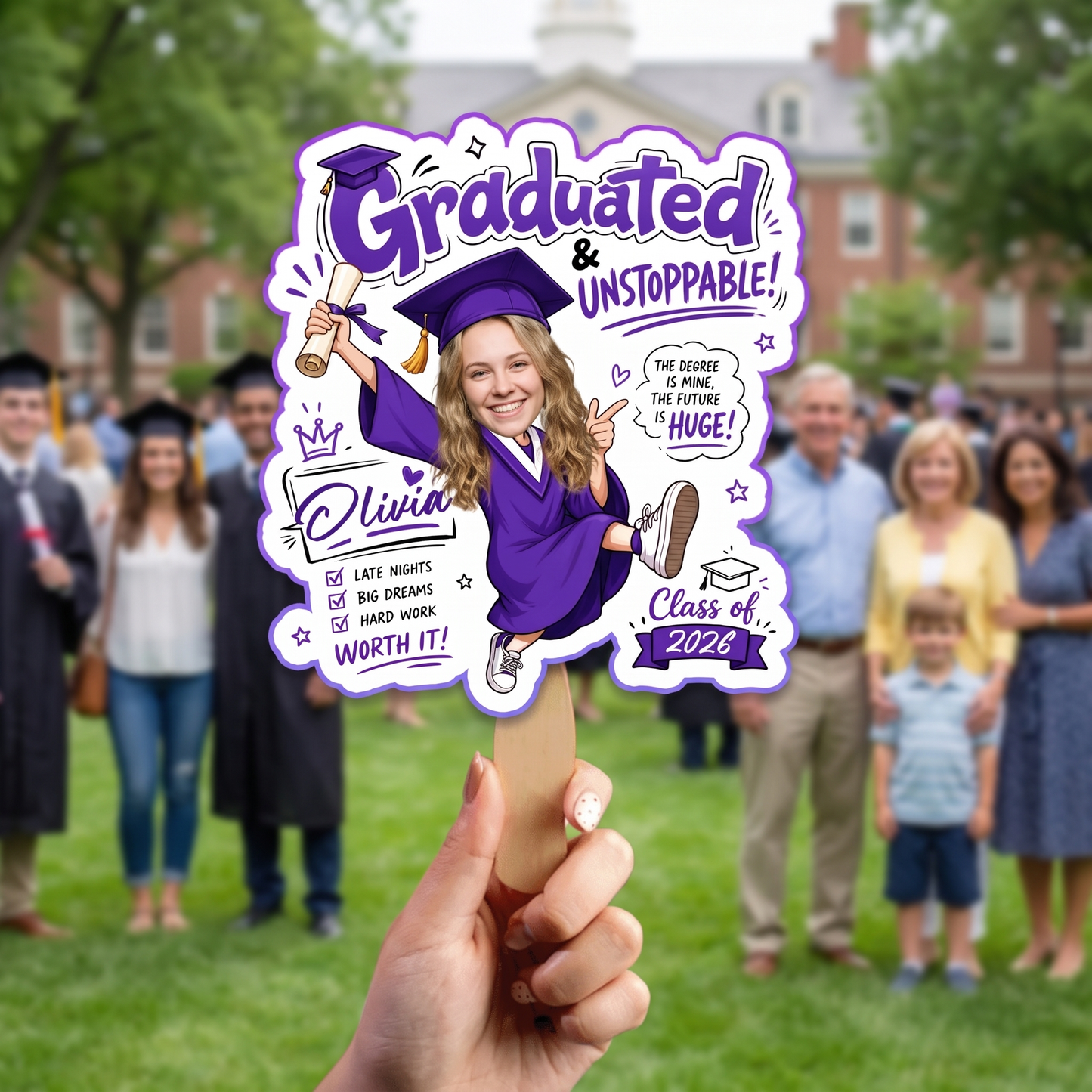 Graduated and Unstoppable Custom Shape Photo Hand Fan with Photo, Name Graduation Party Fan