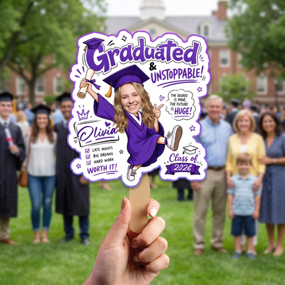 Graduated and Unstoppable Custom Shape Photo Hand Fan with Photo, Name Graduation Party Fan