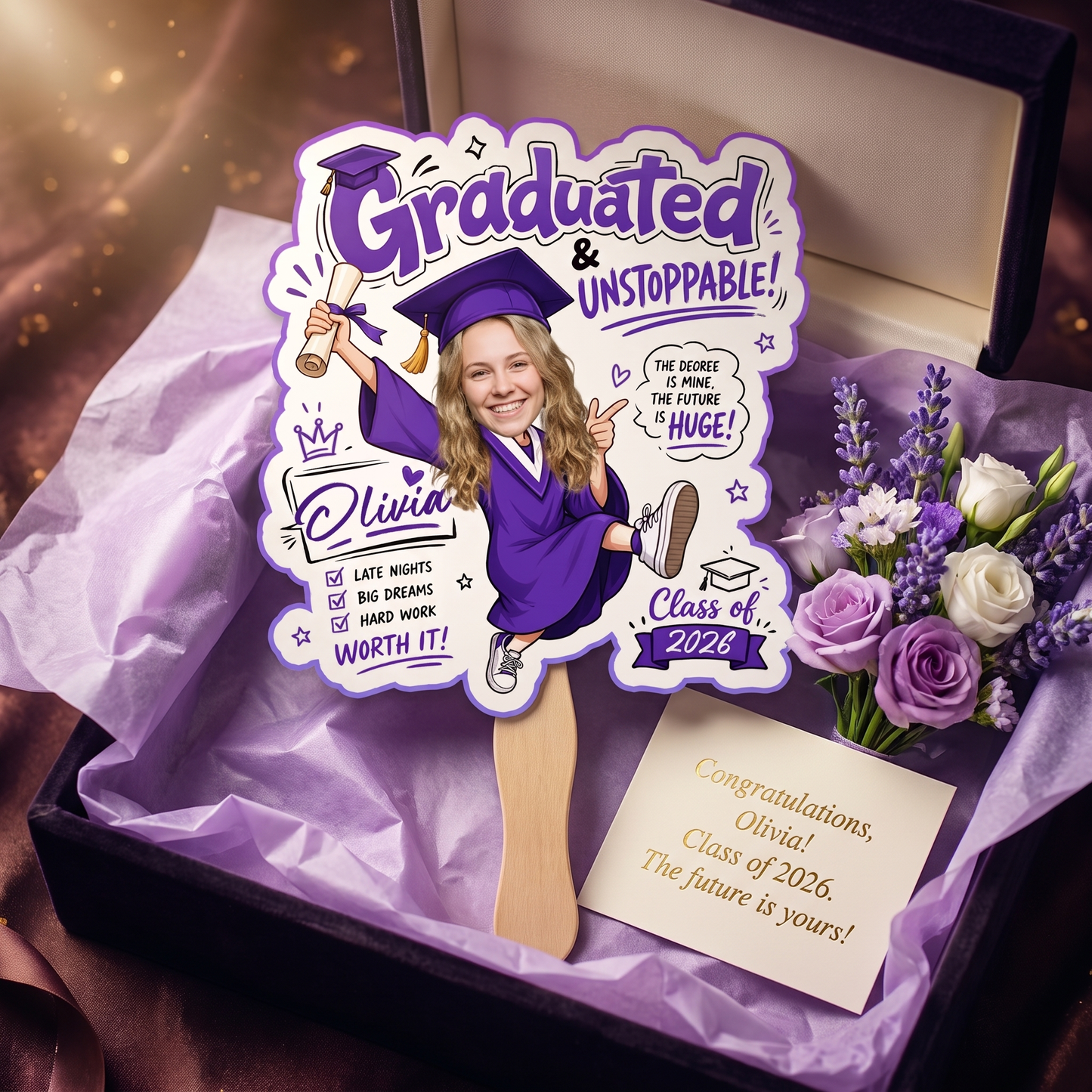 Graduated and Unstoppable Custom Shape Photo Hand Fan with Photo, Name Graduation Party Fan