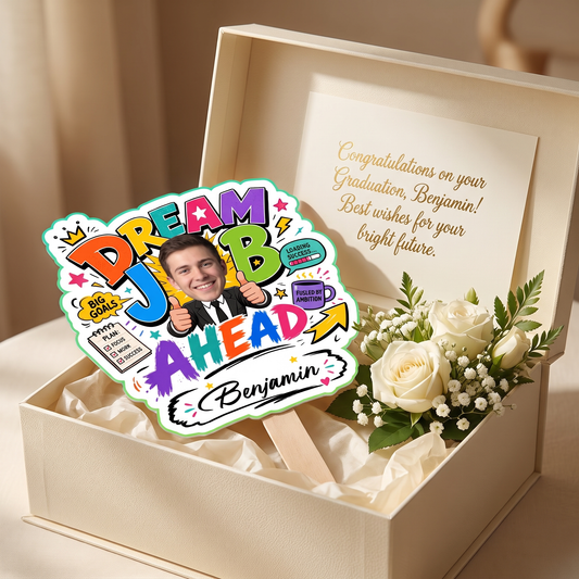 Personalized Dream Job Ahead Custom Shape Photo Hand Fan, Graduation Fan with Photo & Name