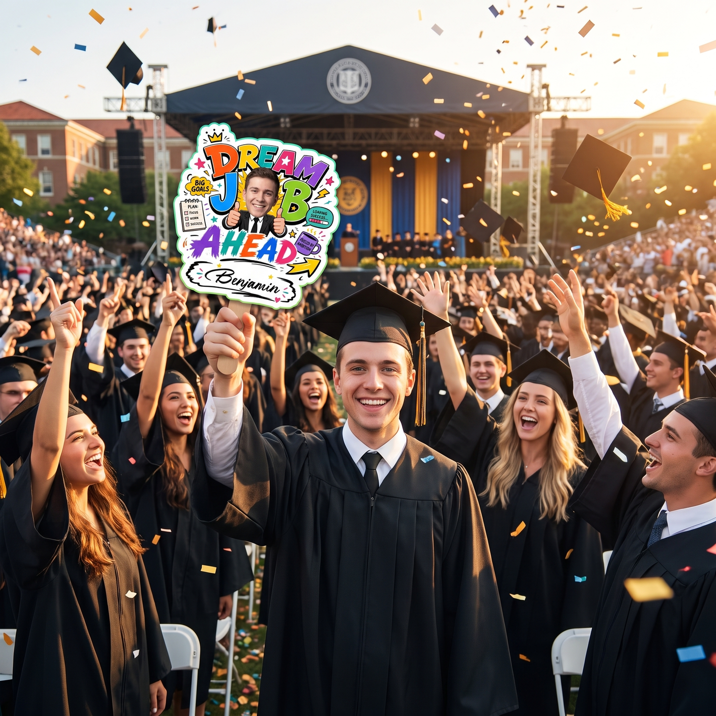Personalized Dream Job Ahead Custom Shape Photo Hand Fan, Graduation Fan with Photo & Name