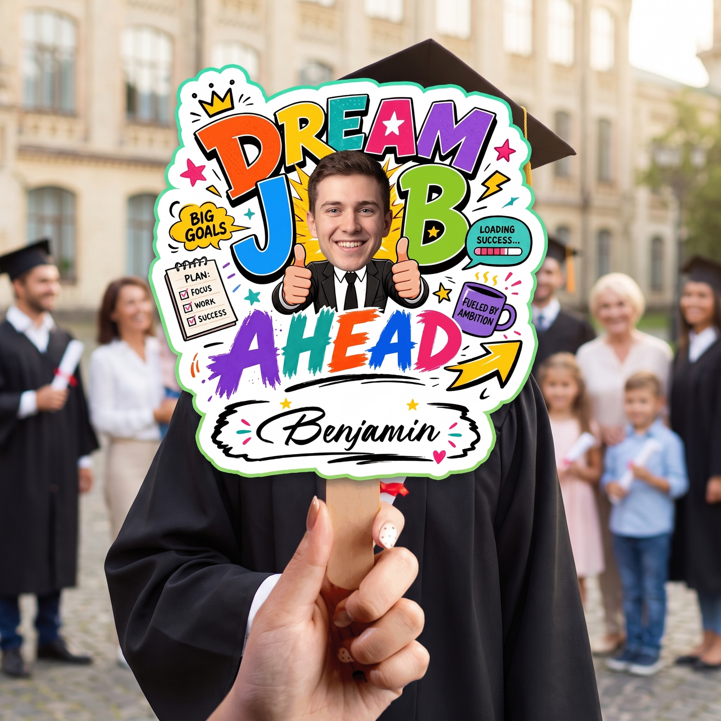Personalized Dream Job Ahead Custom Shape Photo Hand Fan, Graduation Fan with Photo & Name