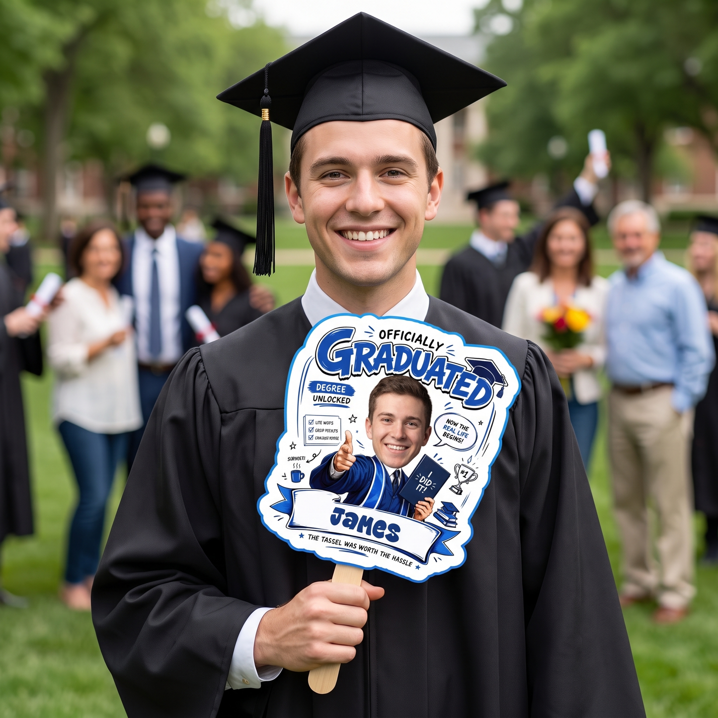 Officially Graduated Custom Shape Photo Hand Fan with Photo, Name Graduation Party Fan