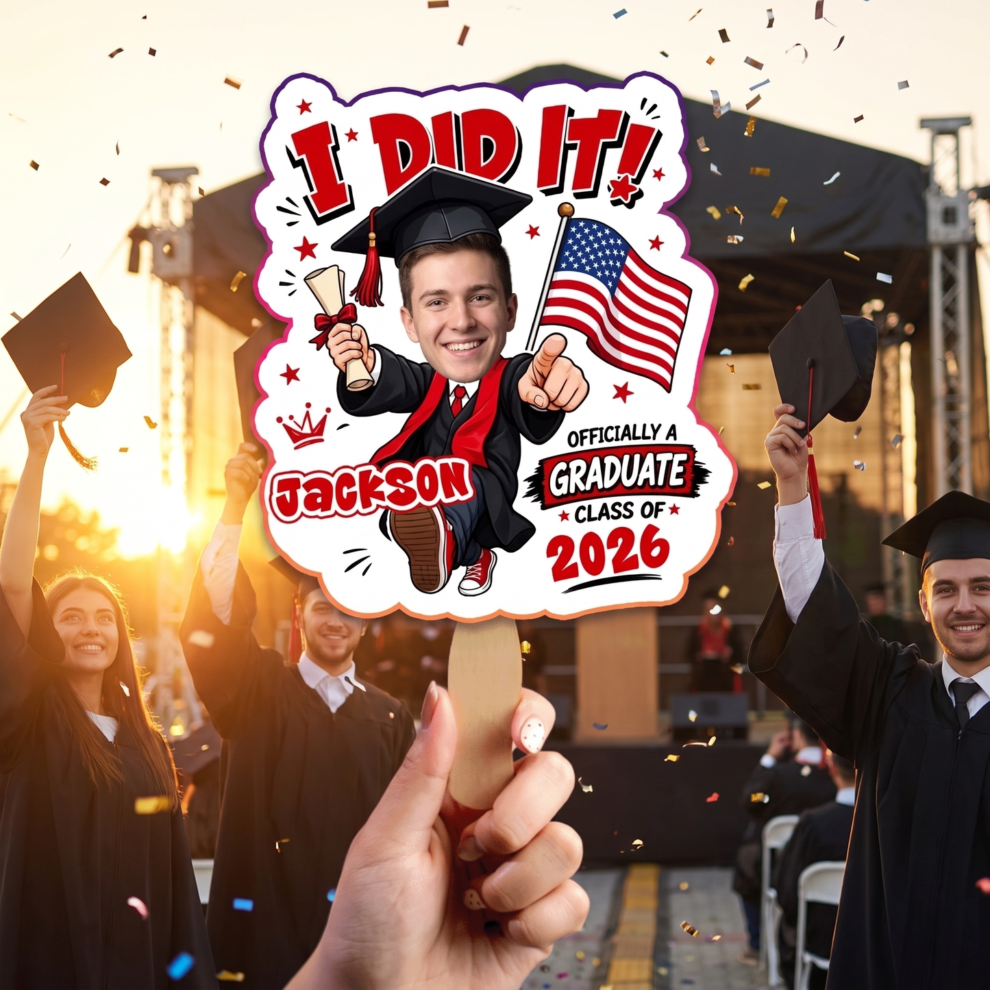 I Did It Officially a Graduate Custom Shape Photo Hand Fan with Photo, Name Graduation Party Fan