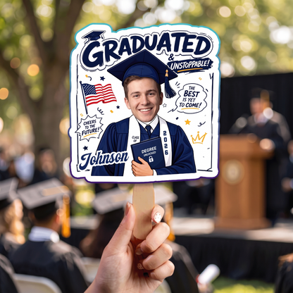 Graduated Cheers to the Future Custom Shape Photo Hand Fan with Photo, Name Graduation Party Fan