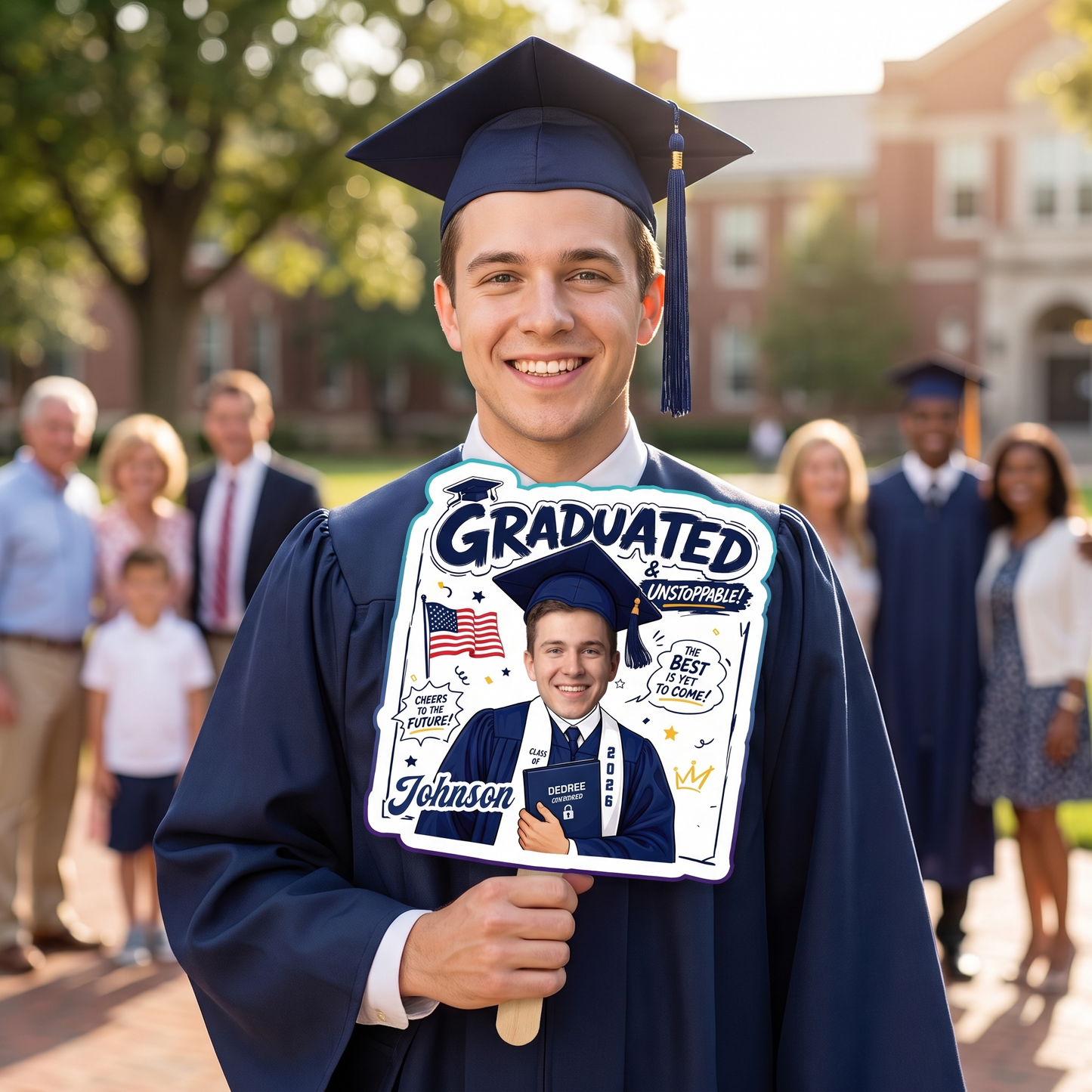 Graduated Cheers to the Future Custom Shape Photo Hand Fan with Photo, Name Graduation Party Fan