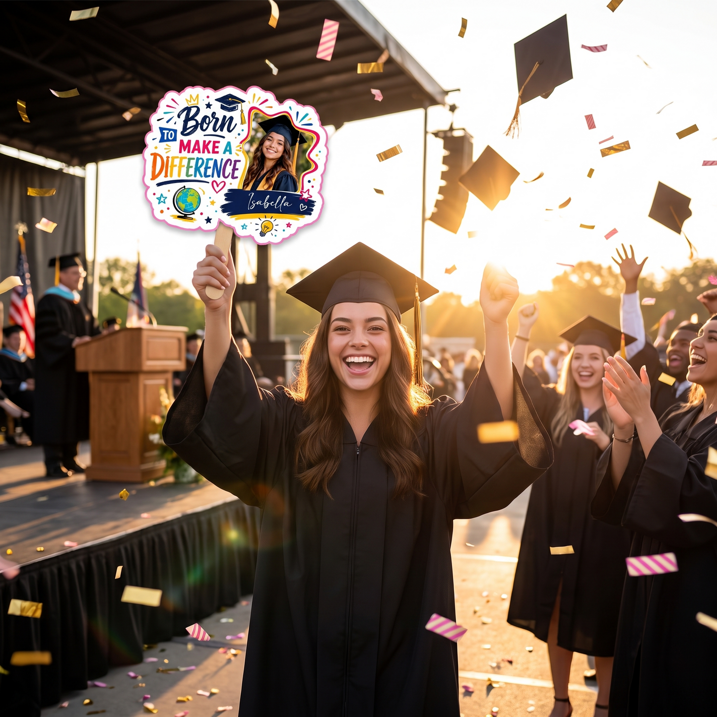 Born to Make a Difference Custom Shape Photo Hand Fan with Photo, Name Graduation Party Fan