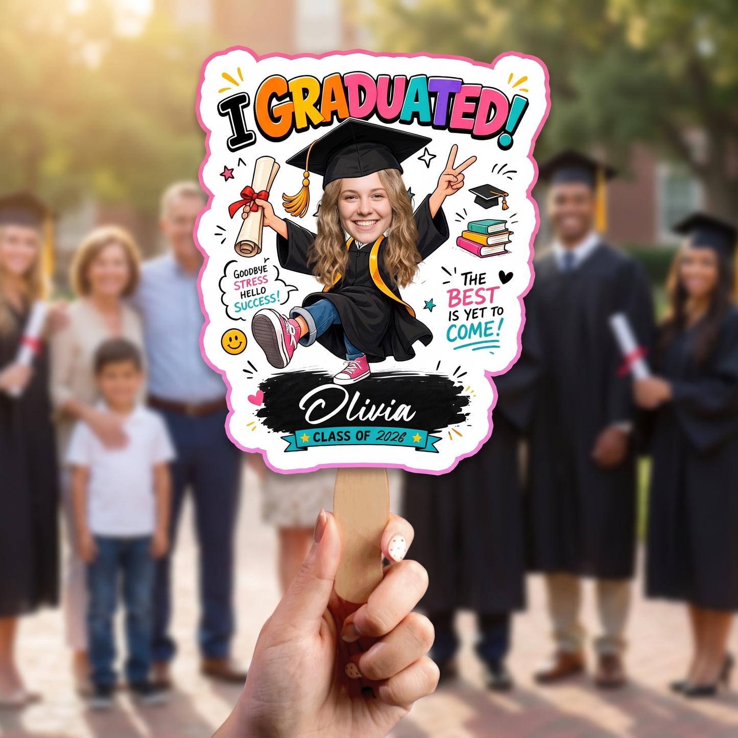 I Graduated Custom Name Custom Shape Hand Fan Graduation Party Fan