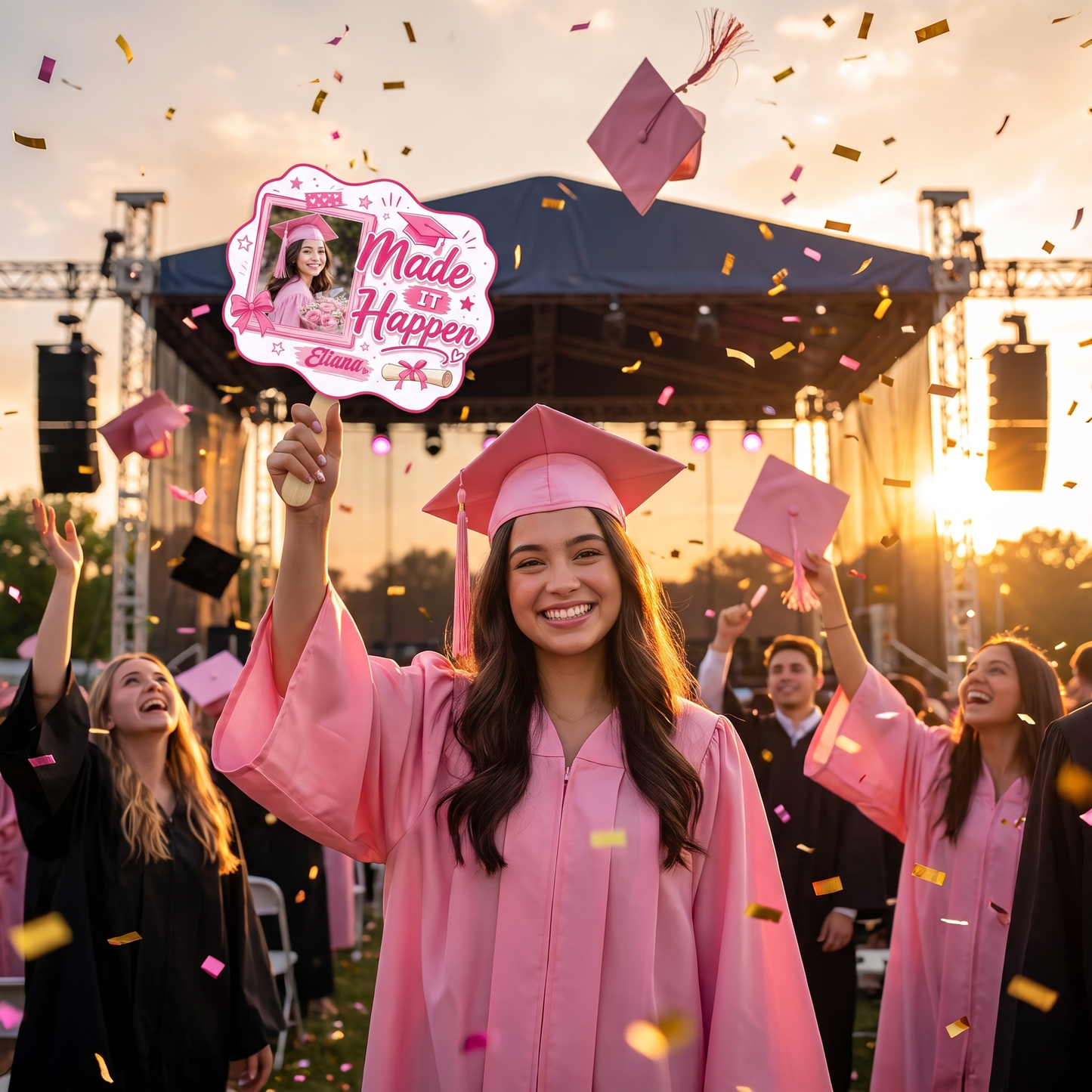 Personalized Made It Happen Custom Shape Photo Hand Fan, Graduation Fan with Photo & Name