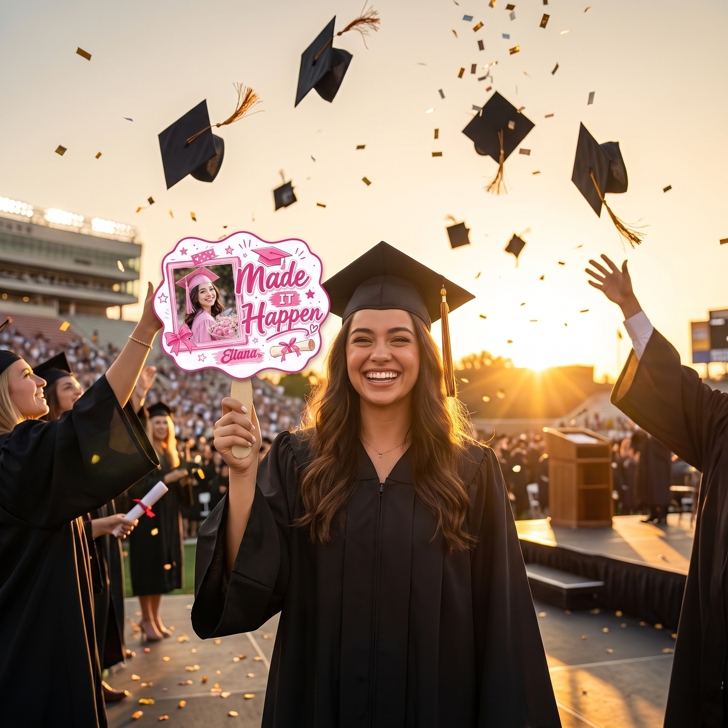 Personalized Made It Happen Custom Shape Photo Hand Fan, Graduation Fan with Photo & Name