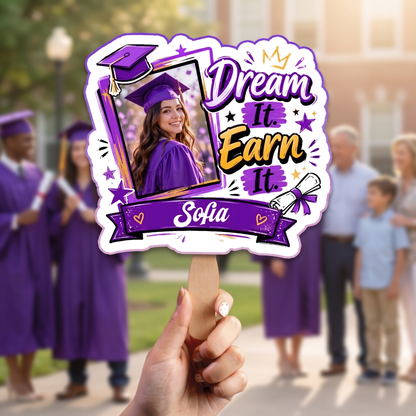 Personalized Dream It Earn It Custom Shape Photo Hand Fan, Graduation Fan with Photo & Name