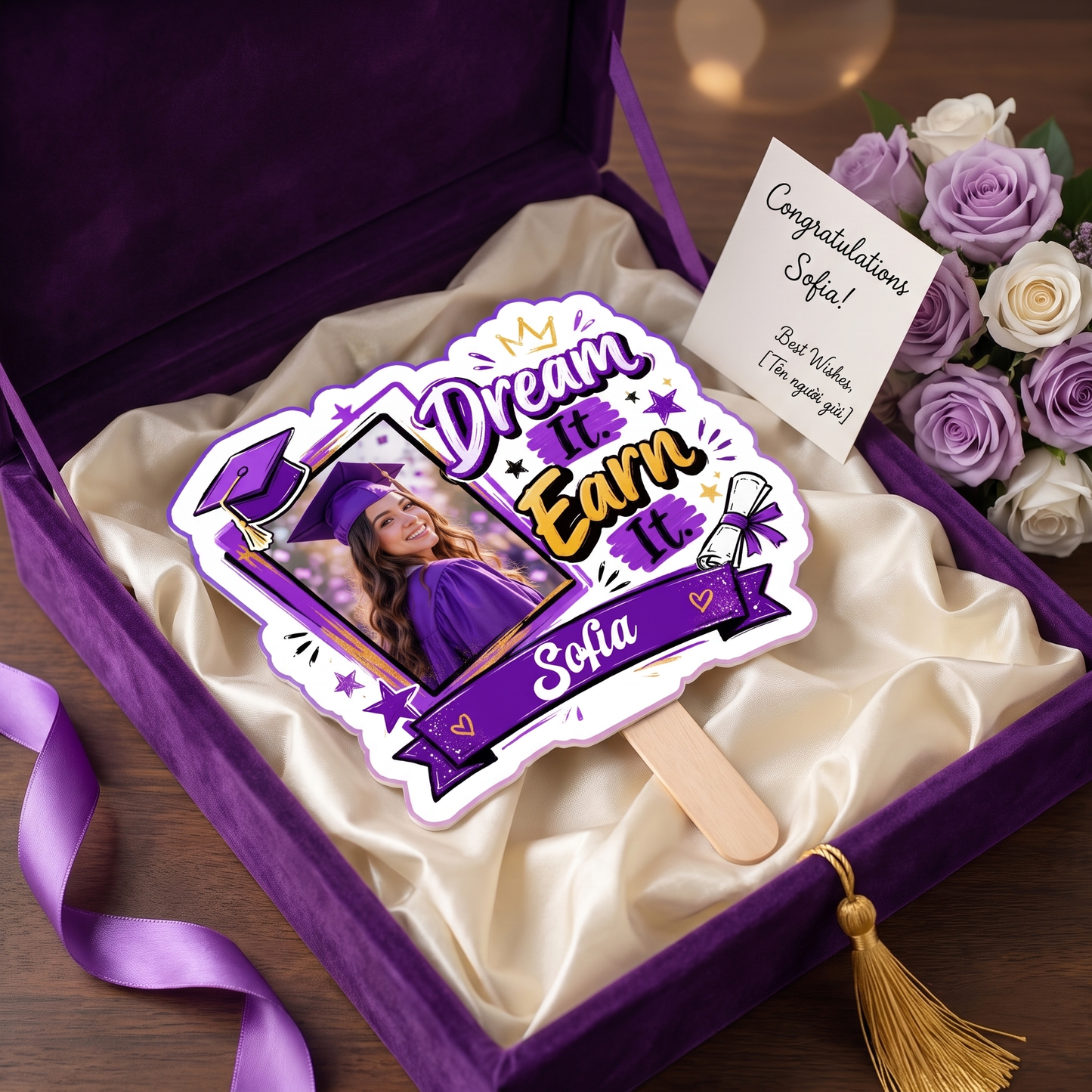Personalized Dream It Earn It Custom Shape Photo Hand Fan, Graduation Fan with Photo & Name