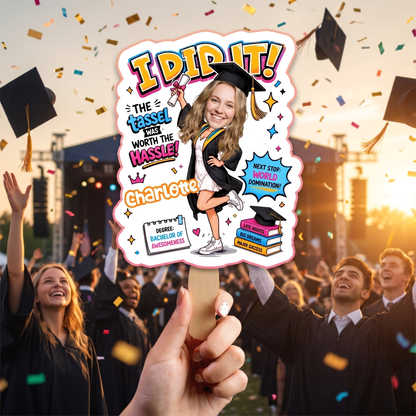 Personalized I Did It Next Stop World Domination Custom Shape Photo Hand Fan, Graduation Fan with Photo & Name