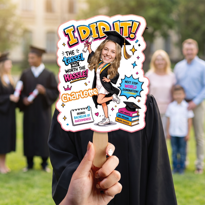Personalized I Did It Next Stop World Domination Custom Shape Photo Hand Fan, Graduation Fan with Photo & Name