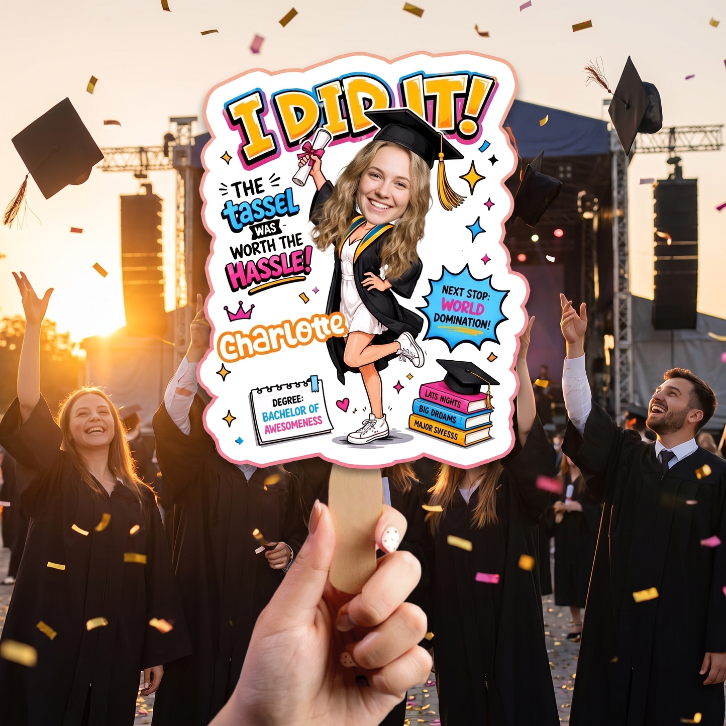 Personalized I Did It Next Stop World Domination Custom Shape Photo Hand Fan, Graduation Fan with Photo & Name