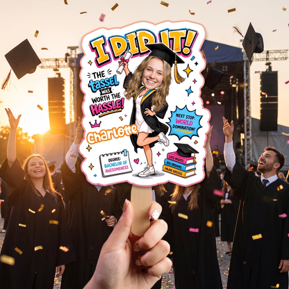 Personalized I Did It Next Stop World Domination Custom Shape Photo Hand Fan, Graduation Fan with Photo & Name