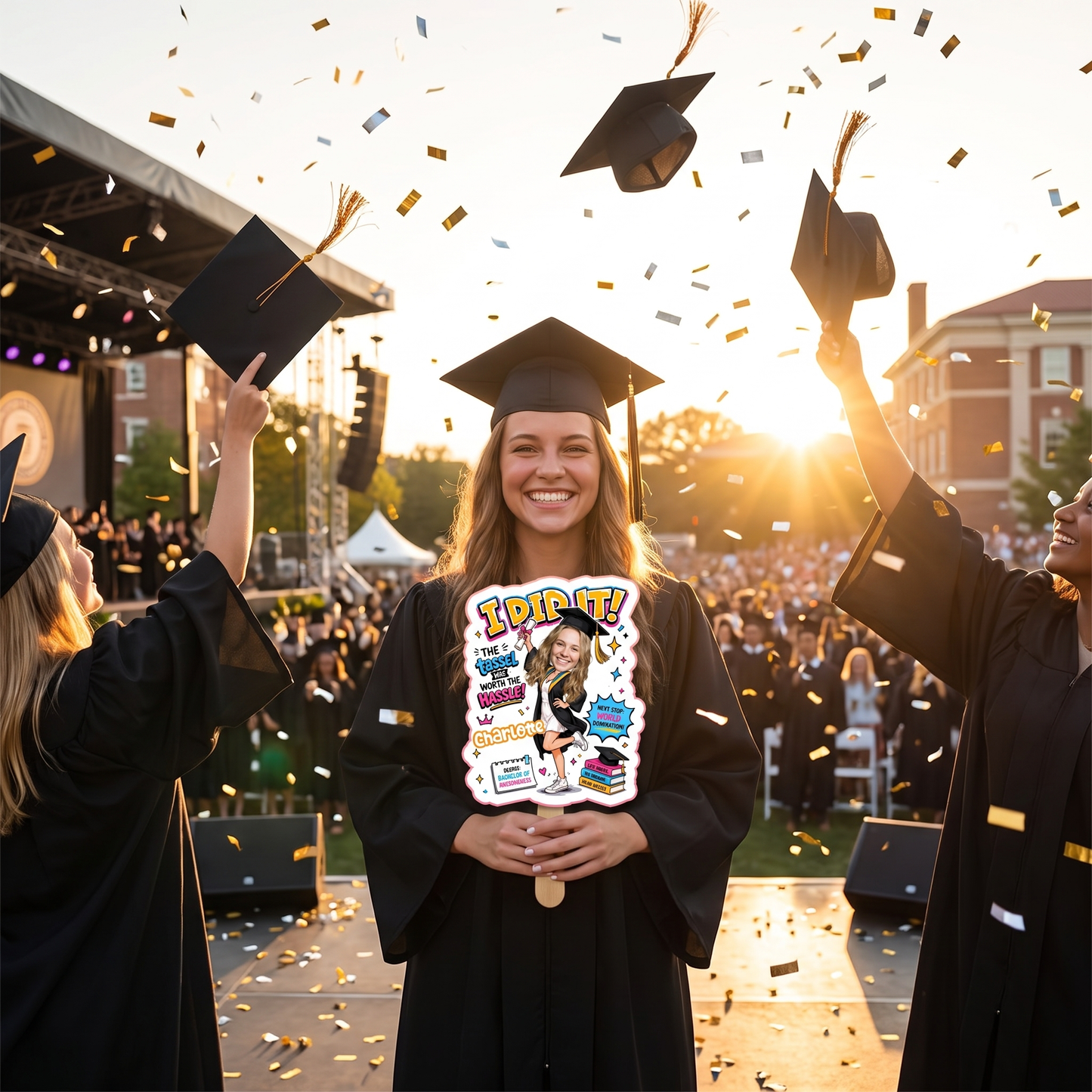 Personalized I Did It Next Stop World Domination Custom Shape Photo Hand Fan, Graduation Fan with Photo & Name