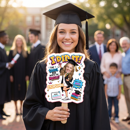 Personalized I Did It Next Stop World Domination Custom Shape Photo Hand Fan, Graduation Fan with Photo & Name