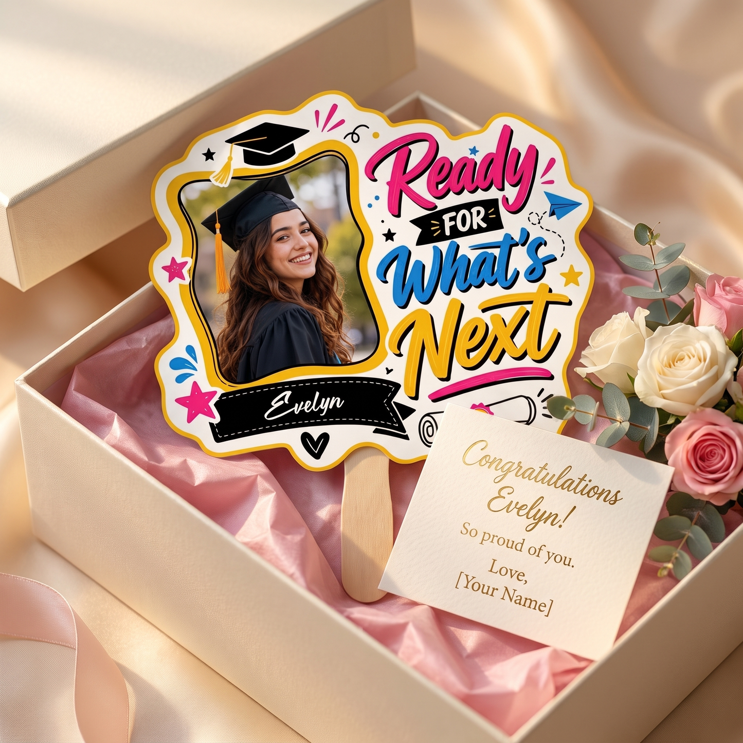 Personalized Ready for What's Next Custom Shape Photo Hand Fan, Graduation Fan with Photo & Name
