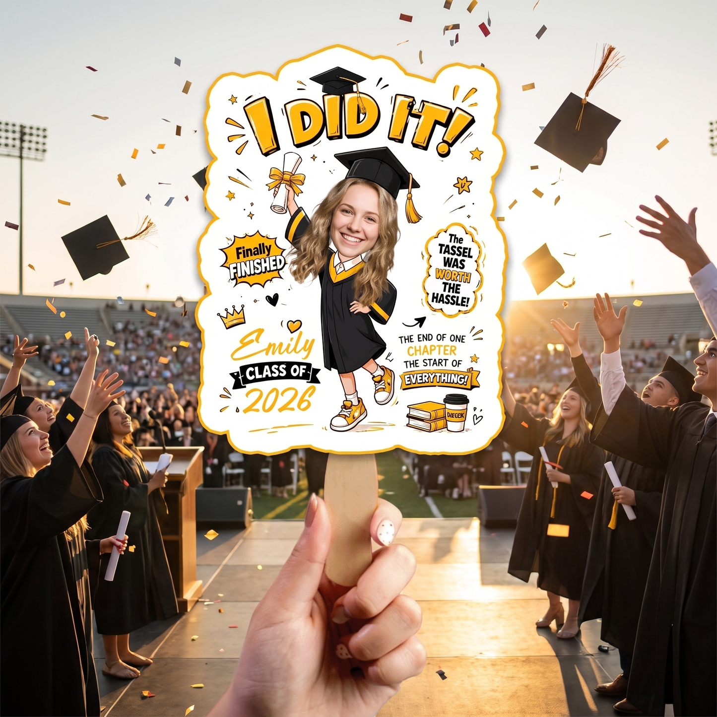 Personalized I Did It Finally Finished Custom Shape Photo Hand Fan, Graduation Fan with Photo & Name