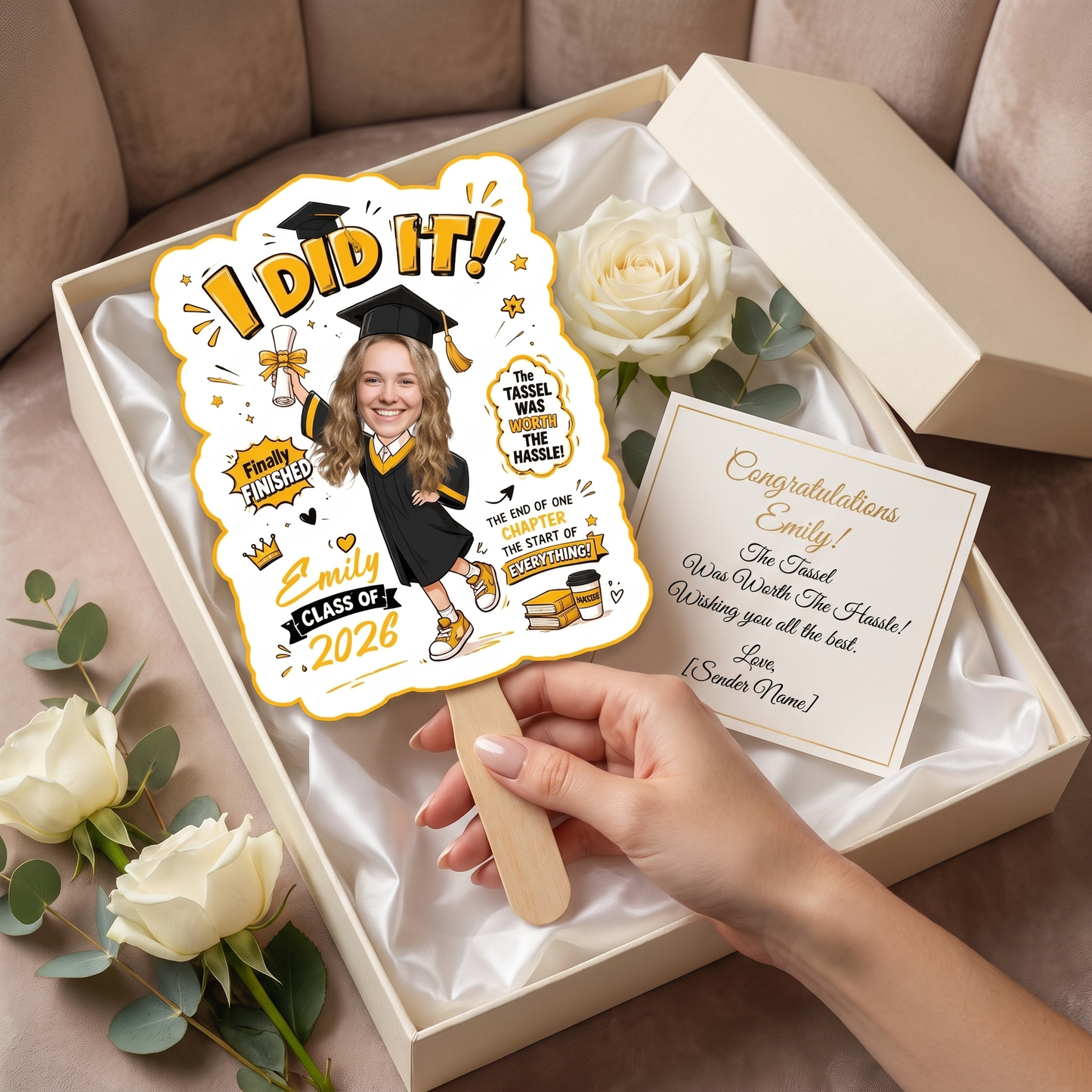 Personalized I Did It Finally Finished Custom Shape Photo Hand Fan, Graduation Fan with Photo & Name