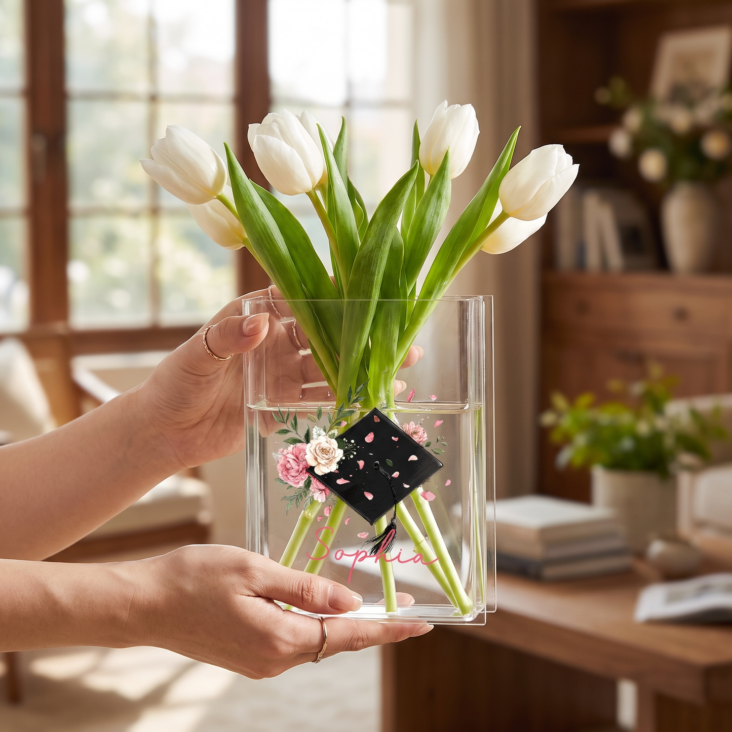 Personalized Graduation Cap Acrylic Book Vase with Custom Name