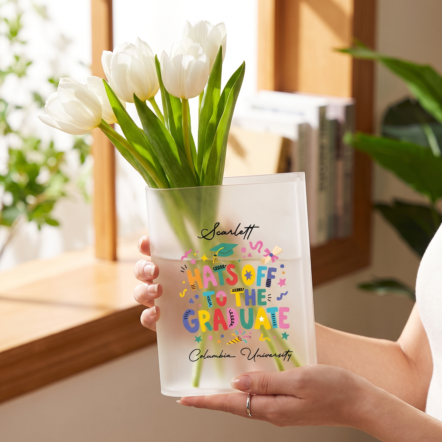 Personalized Hats Off to the Graduate Acrylic Book Vase with Custom Name
