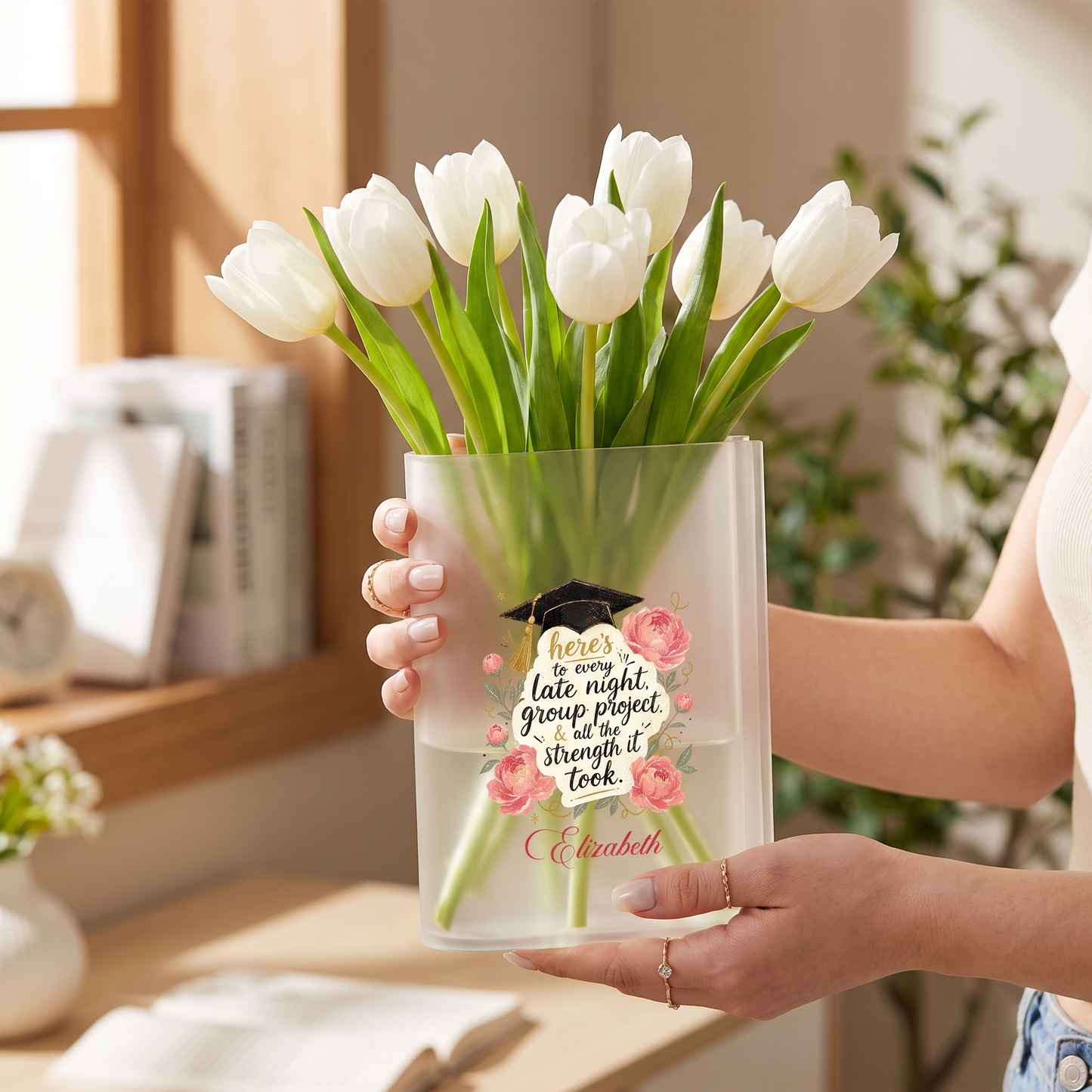 Personalized Here's to Every Late Night, Group Project & All the Strength It Took Acrylic Book Vase with Custom Name