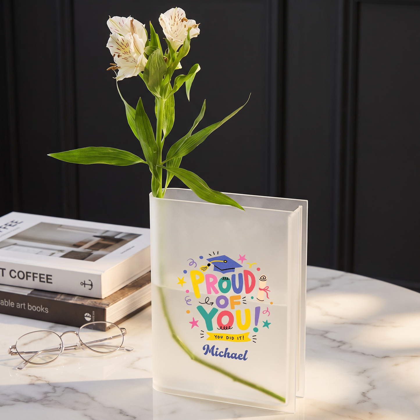 Personalized Proud of You Acrylic Book Vase, Custom Name Graduation Flower Vase