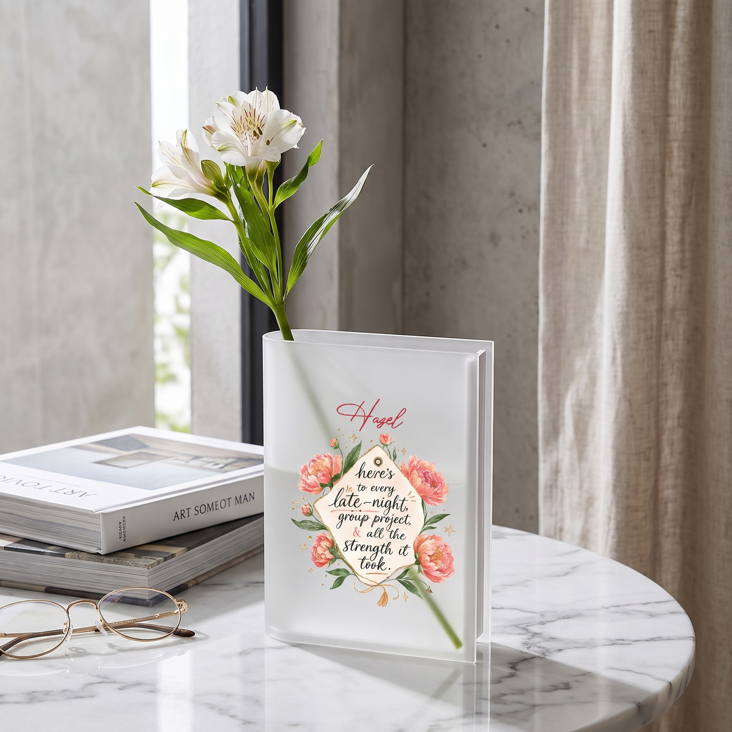 Personalized Here's to Every Late Night Acrylic Book Vase, Custom Name Graduation Flower Vase