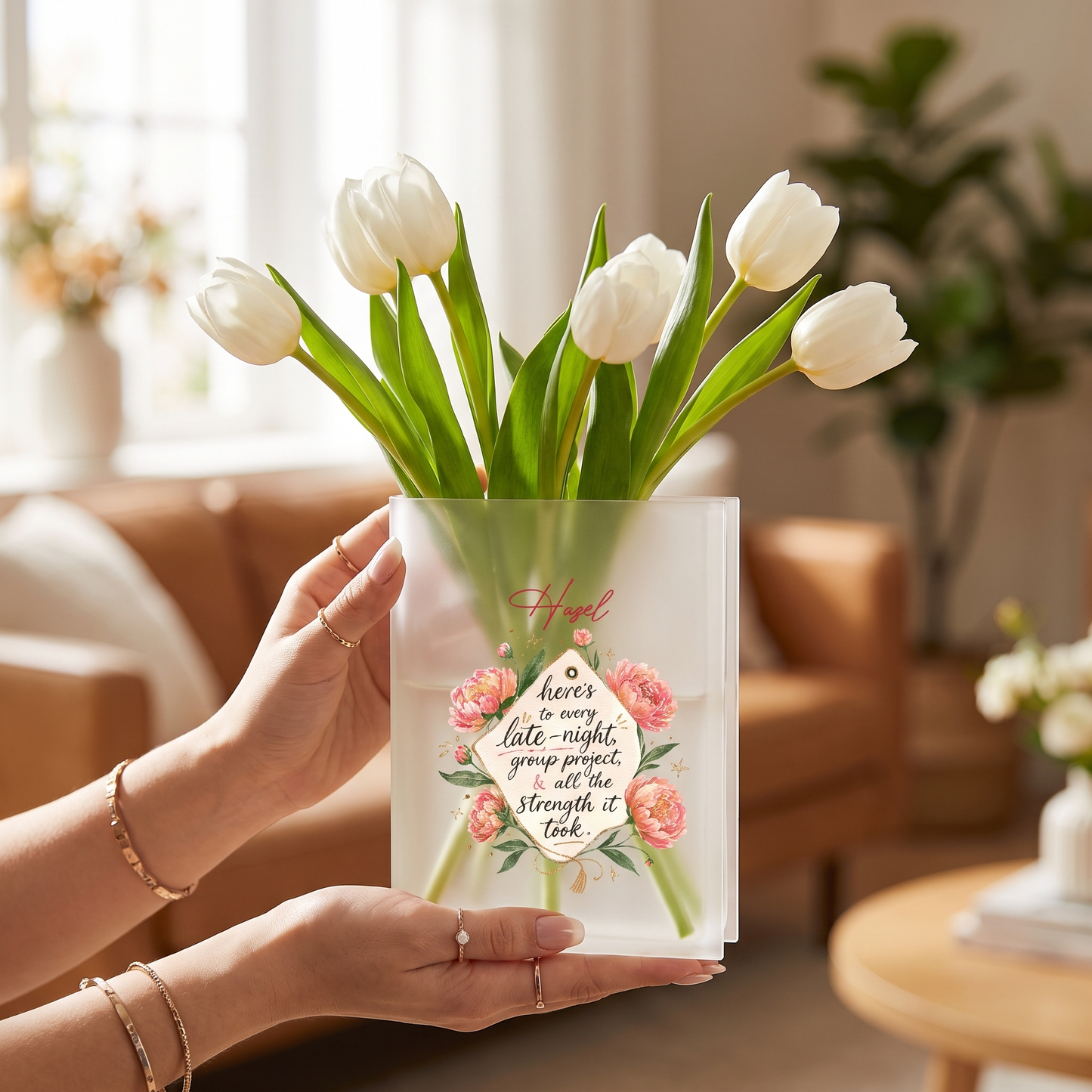 Personalized Here's to Every Late Night Acrylic Book Vase, Custom Name Graduation Flower Vase