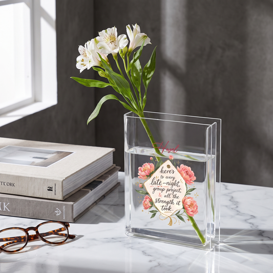 Personalized Here's to Every Late Night Acrylic Book Vase, Custom Name Graduation Flower Vase