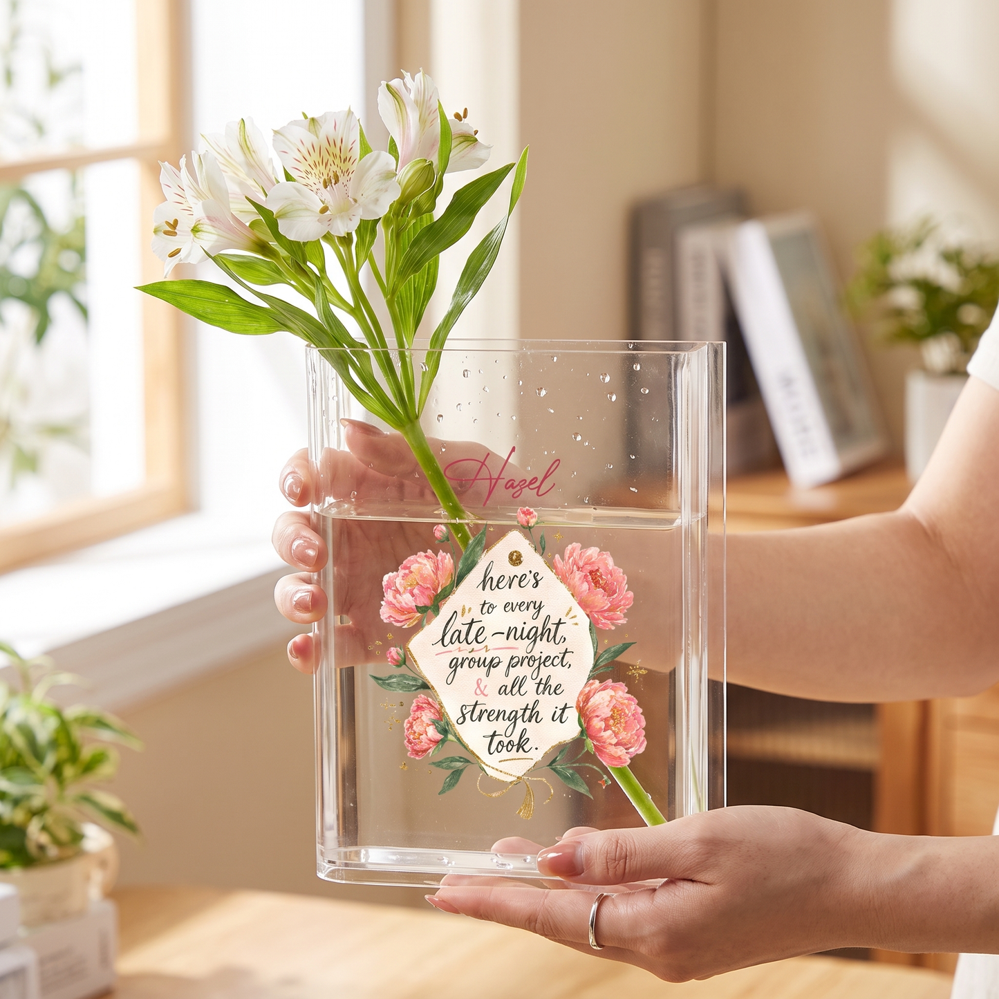Personalized Here's to Every Late Night Acrylic Book Vase, Custom Name Graduation Flower Vase
