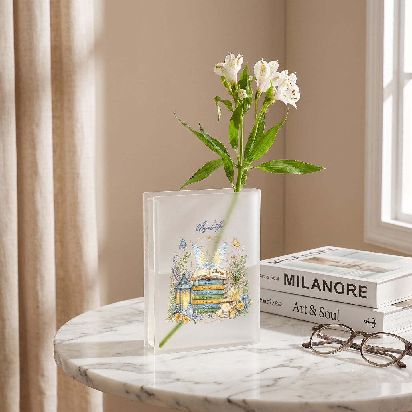 Personalized Book Stack Acrylic Book Vase, Custom Name Reading Flower Vase