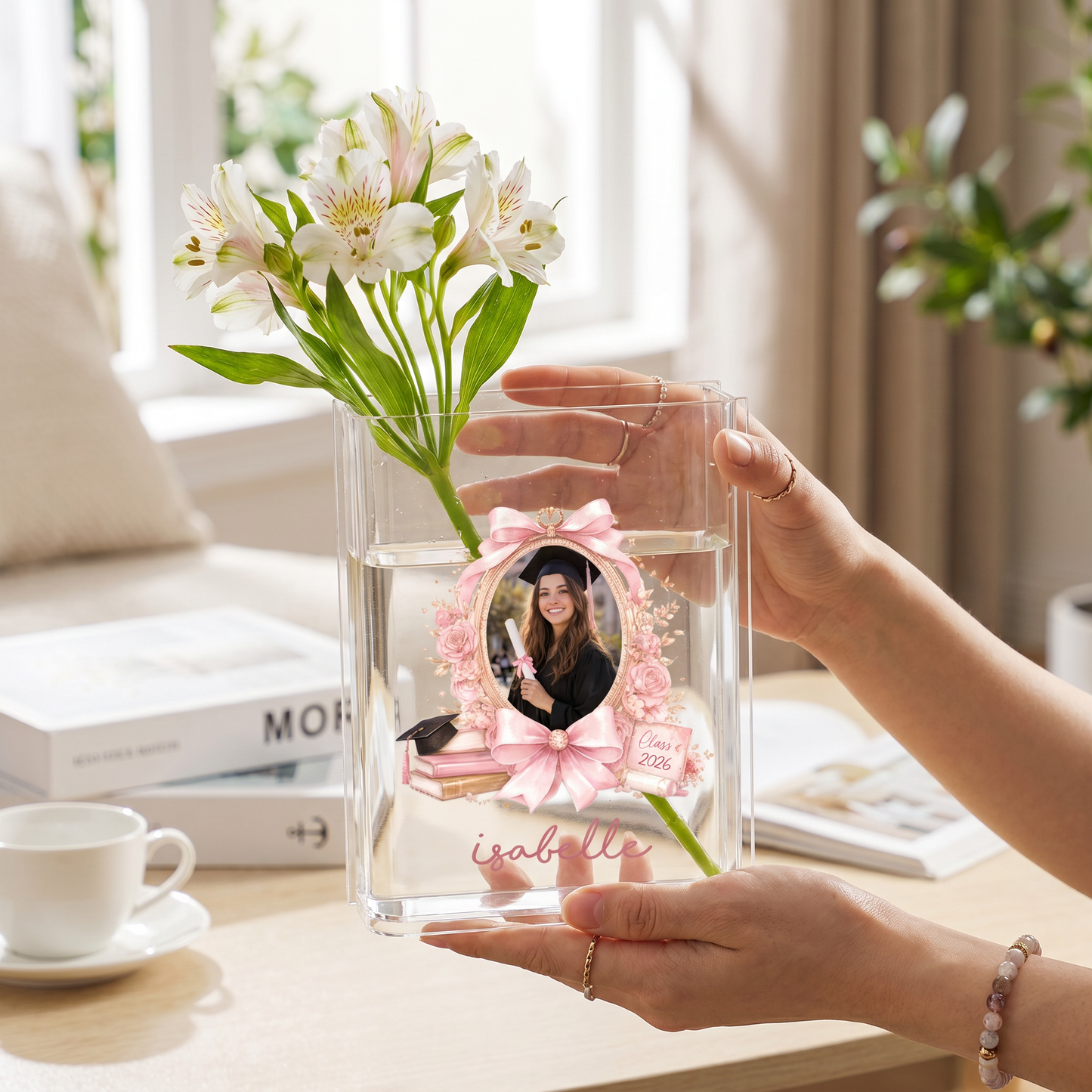 Personalized Pink Bow Acrylic Book Vase with Custom Photo