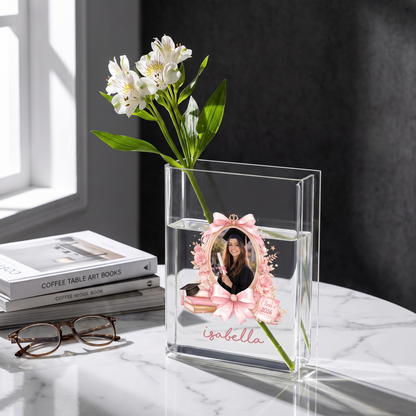 Personalized Pink Bow Acrylic Book Vase with Custom Photo