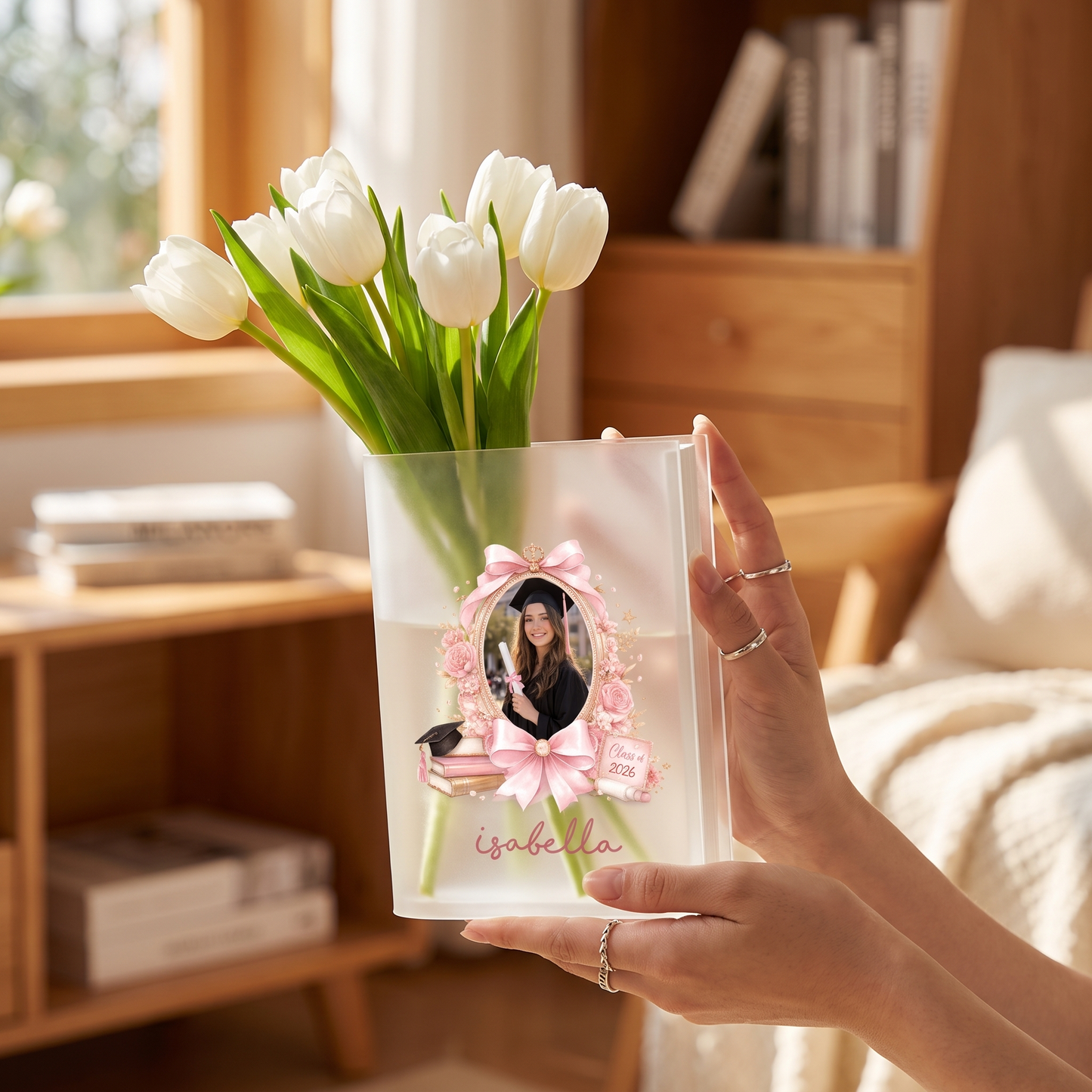 Personalized Pink Bow Acrylic Book Vase with Custom Photo