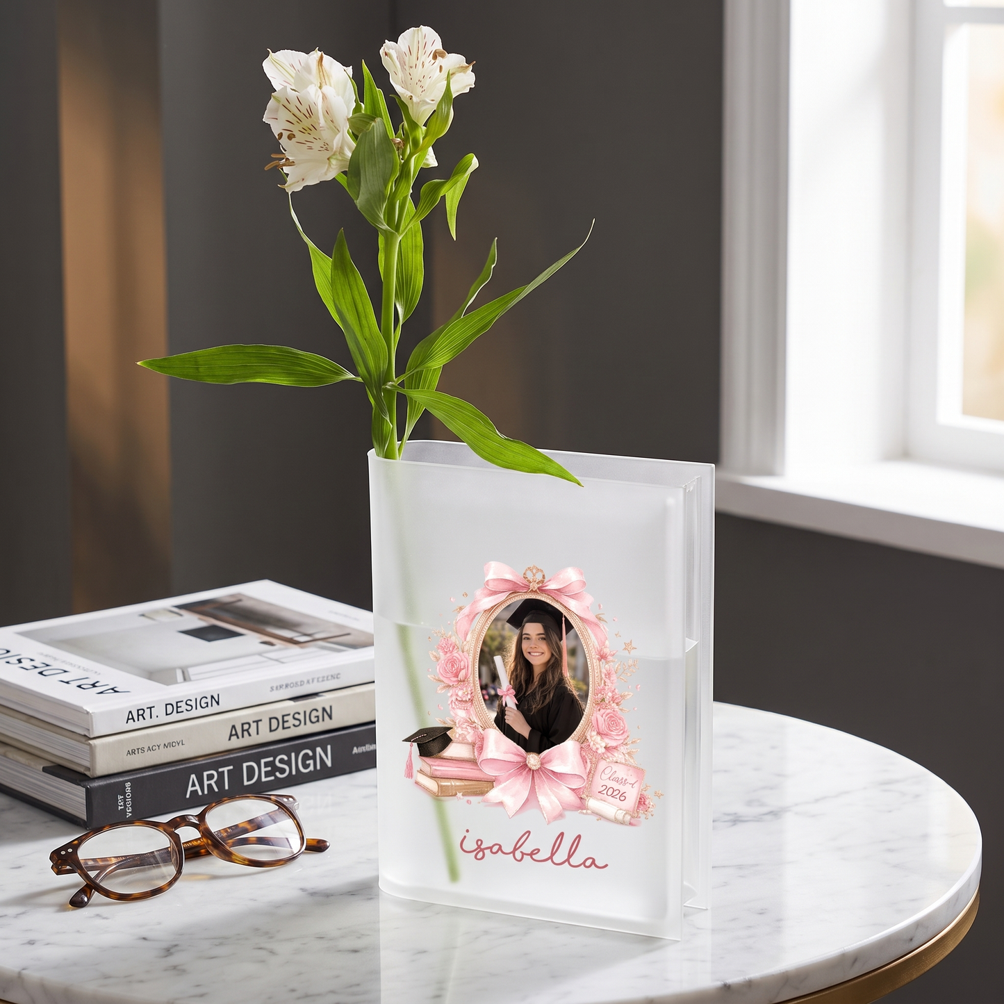 Personalized Pink Bow Acrylic Book Vase with Custom Photo