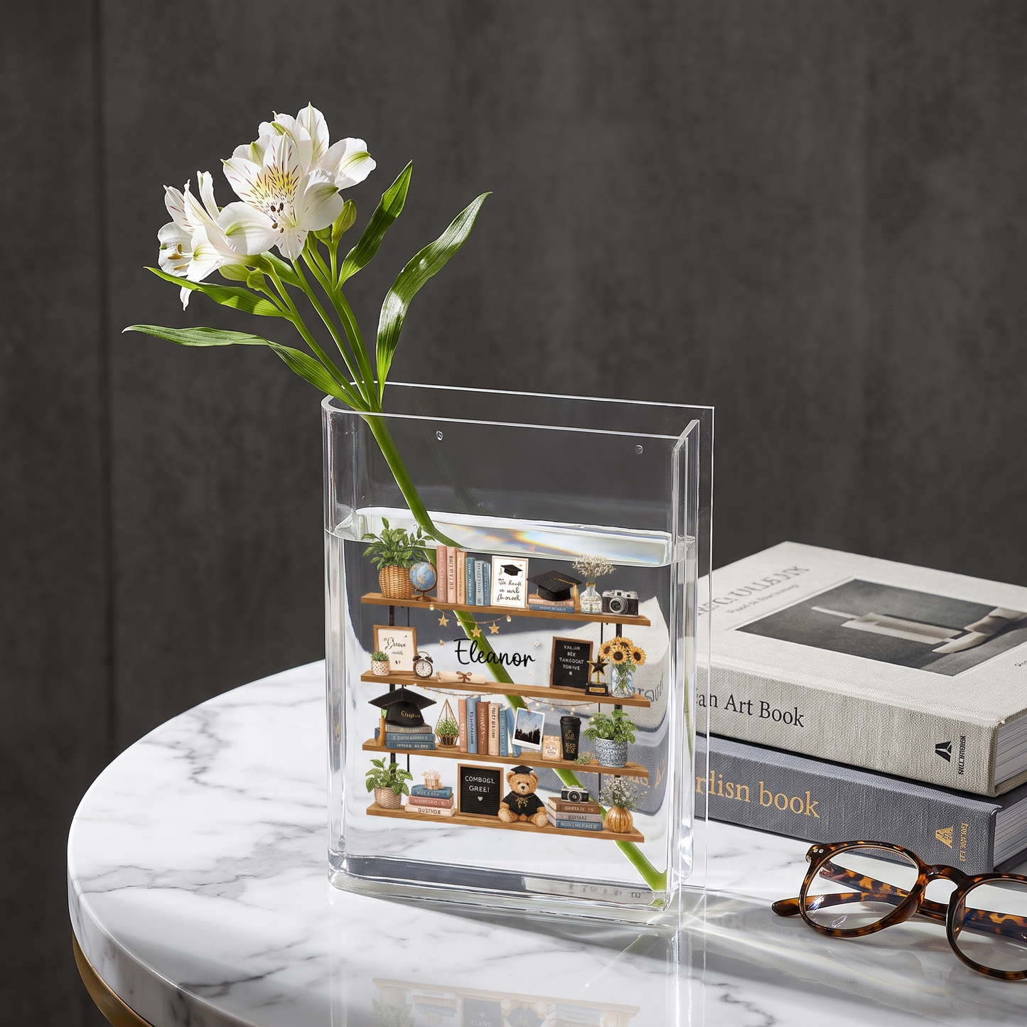 Personalized Graduation Bookshelf Acrylic Book Vase, Custom Name Graduation Flower Vase